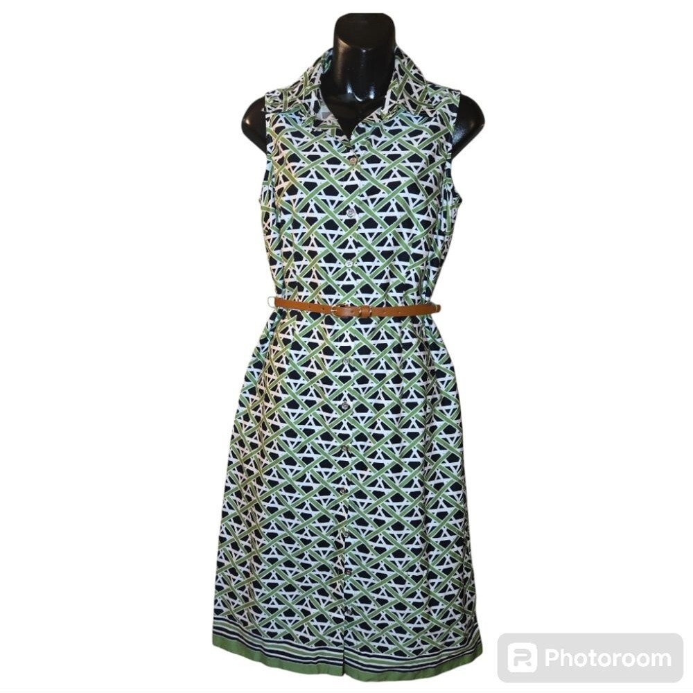 Charter Club Cotton Geometric Design Sleeveless Buttoned MIDI Dress Size 6 green